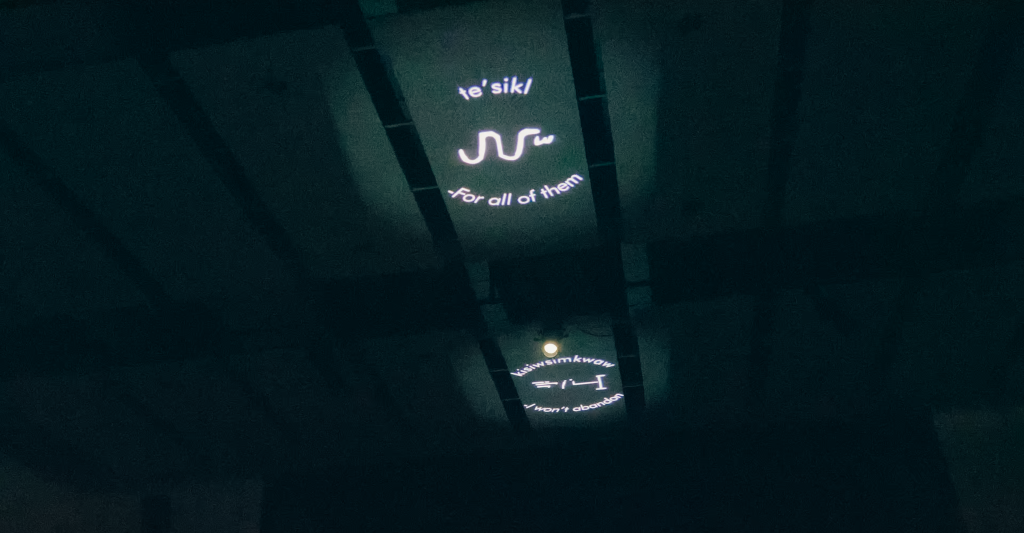 A darkened celling is dotted with light projections of sinuous forms and words. One reads, te'sikl - For all of them, another reads kisiwsimkwaw - I won't abandon.