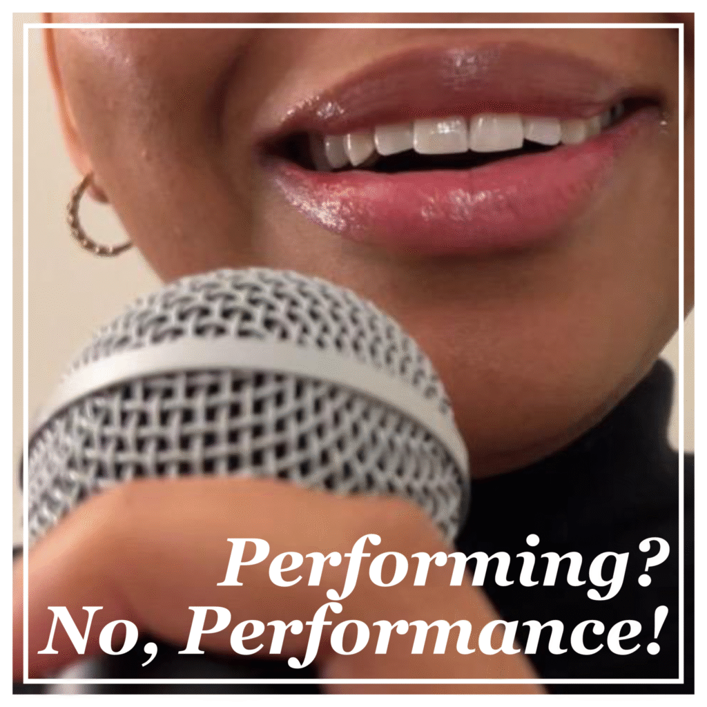 A white border frames a cropped image of Chipo's glossy lips, parted, almost smiling as she prepares to speak into the microphone in her hand. The title in white serif lettering below the microphone reads: Performing? No, Performance!